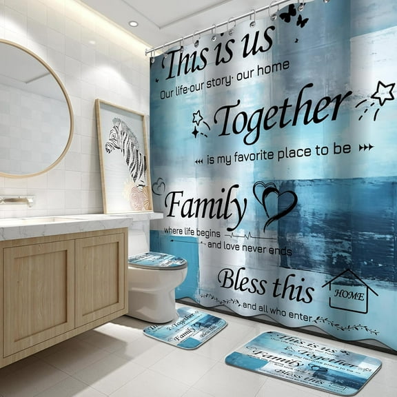 4Pcs Bathroom Shower Curtain Sets with Rugs,Navy Blue and White Motivational Home Family Bathroom Sets with Shower Curtain and Rugs and Accessories