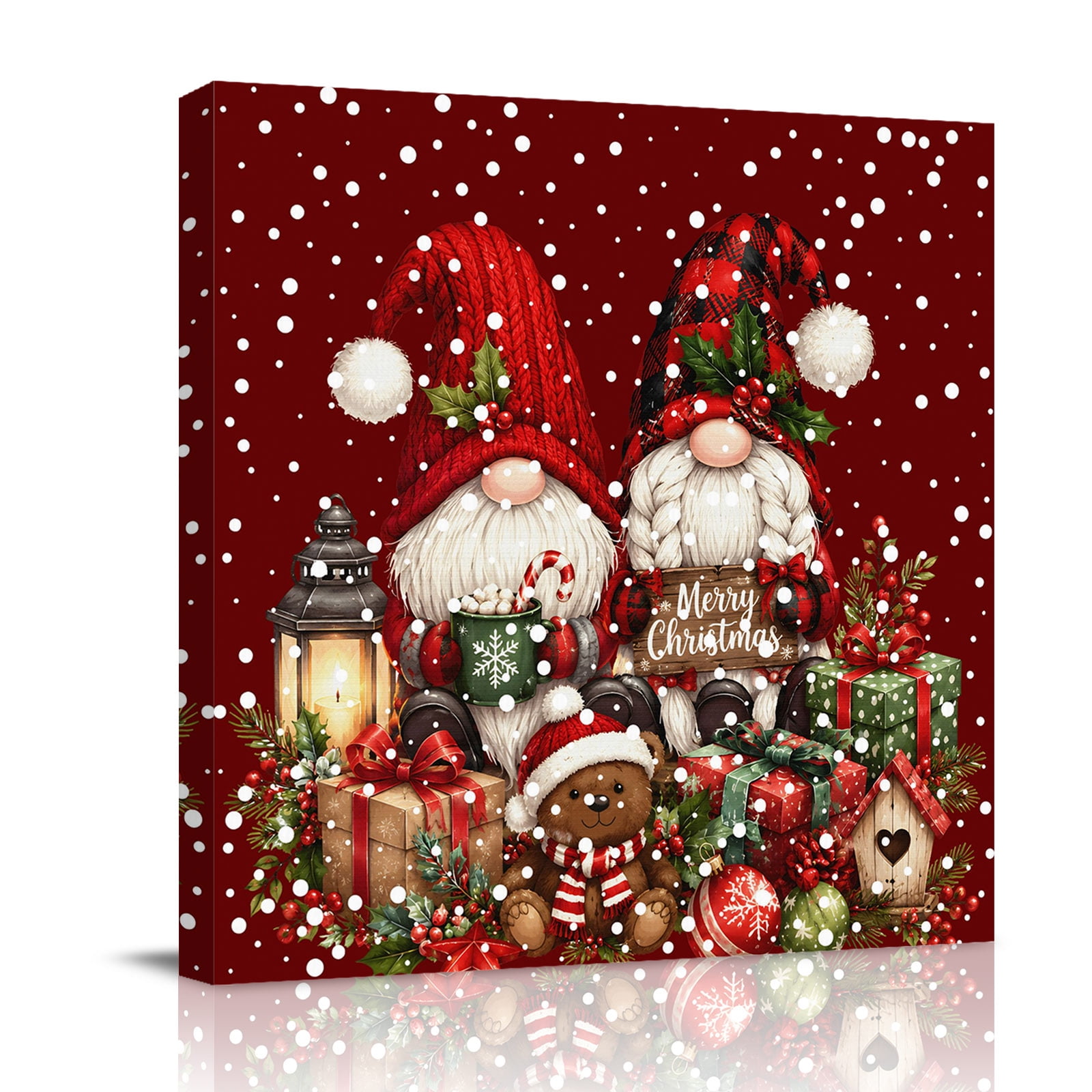 Canvas Wall Art Christmas Gnomes Framed Canvas Prints for Bathroom Desk Red Xmas Gifts Farmhouse Winter Snowflakes Small Gallery Wrapped Wall Decor for Home Office Gifts 8 x8 Ship Next Day