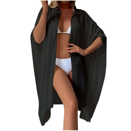 Idoravan Beach Cover up for Women Clearance Women s Fashion Loose Shirt Style Cardigan Loose Coat Bikini Smock Blouse