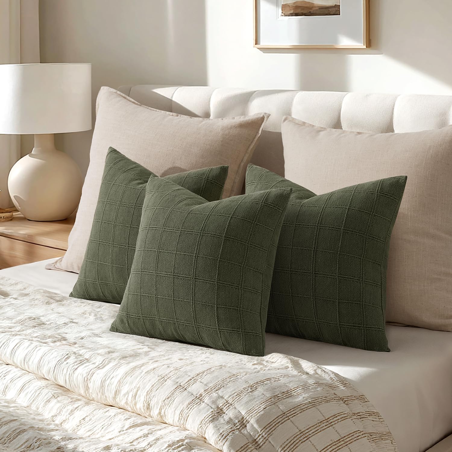 Linen Check Throw Pillow Covers Set of 2 - Natural Beige Farmhouse Modern Boho Vintage Decorative Cushion Covers for Sofa Couch Bedroom Living Room Decor（no pillow inset）
