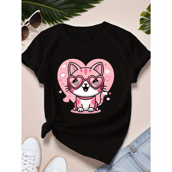 Cat Graphic Tee T-Shirt Cute Cotton Top Casual Round Neck Short Sleeve Comfortable Apparel Black S-5XL