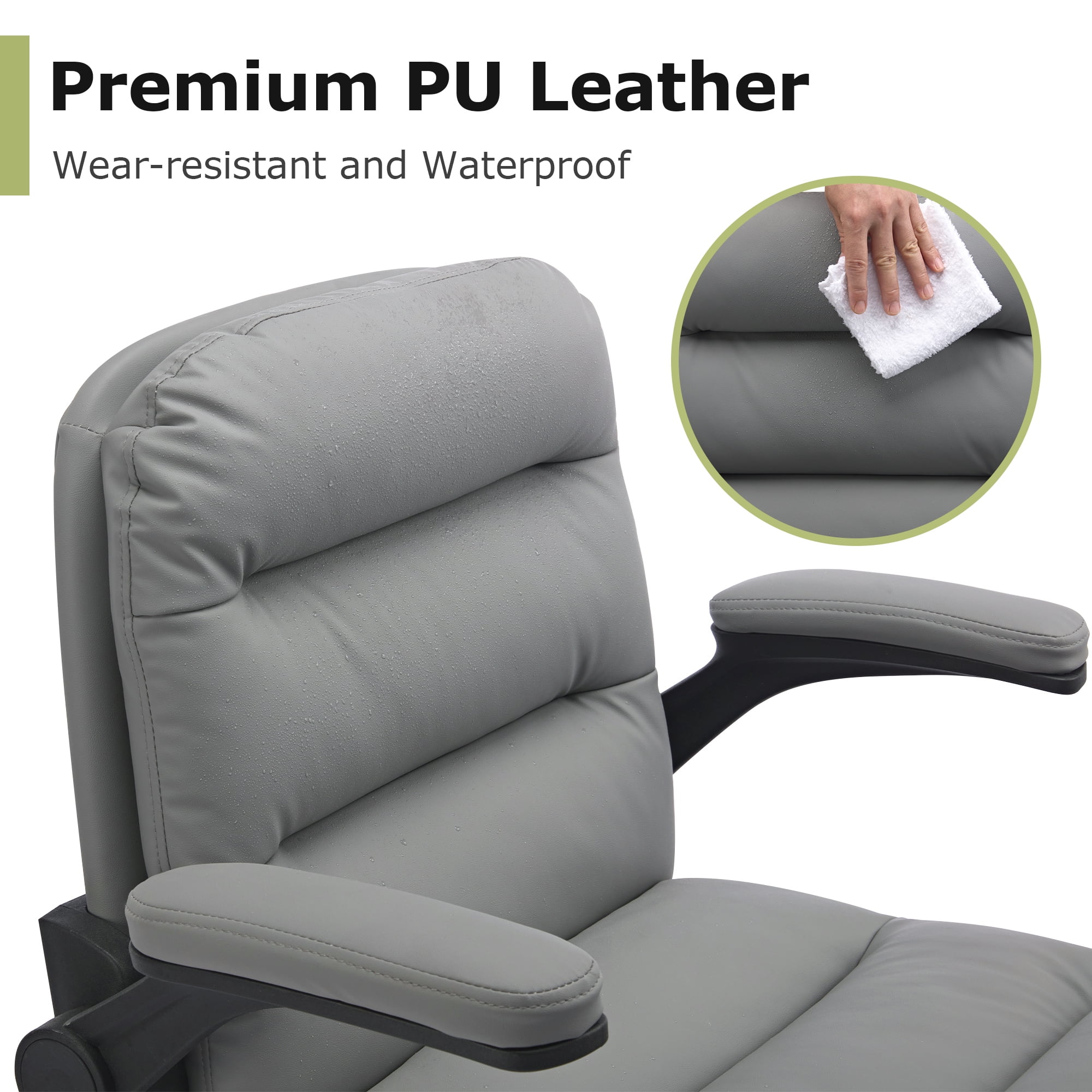 VECELO Ergonomic Office Chair, PU Leather Thick Padding Swivel Executive Computer Desk Chair With Upholstered Flip-Up Arms, Gray