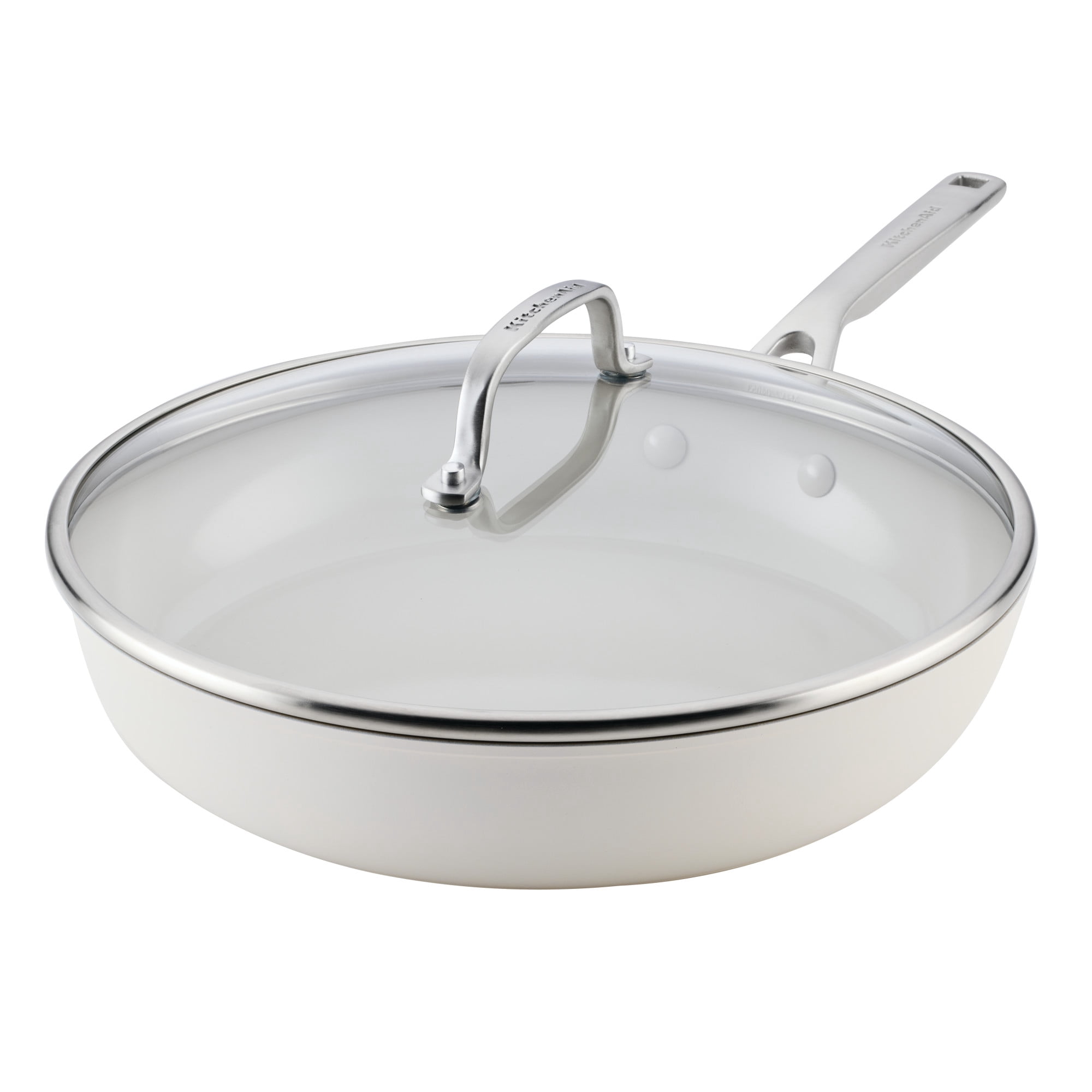 KitchenAid Hard-Anodized 12.25 Inch Ceramic Induction Skillet with Lid, Dishwasher Safe and Oven Safe to 500°F, Porcelain White
