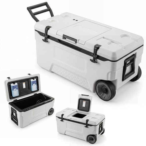 74 Quart Portable Rolling Cooler with Fish Ruler, 2 Ice Bags, 4 Cup Holders, White