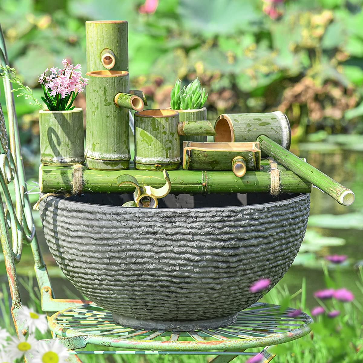Sungmor Ash Black Resin Outdoor Low Bowl Planter Bird Bath 15.6 Inch Water Lily Succulent Pots Small Fountain Base