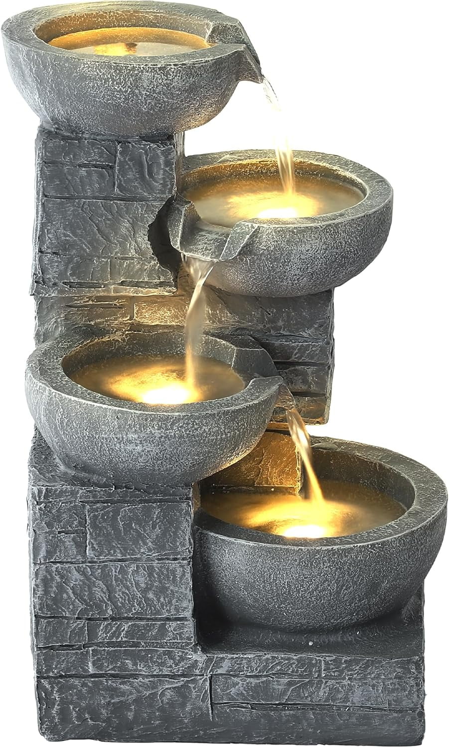 Haverchair 21.9" Outdoor Water Fountain with LED Lights, 4-Tier Bowl and Stacked Stones Garden Fountain, Modern Cascading Waterfall Fountains for Garden, Patio, Backyard, Porch and Home Decor