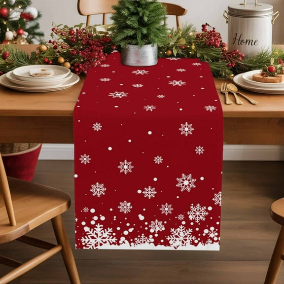 Merry Christmas Cotton Linen Table Runner Snowflakes Polka Dots Red Texture Dining Table Runners for Home Decor Party Dining Room Restaurant Kitchen Party 13" x 72"