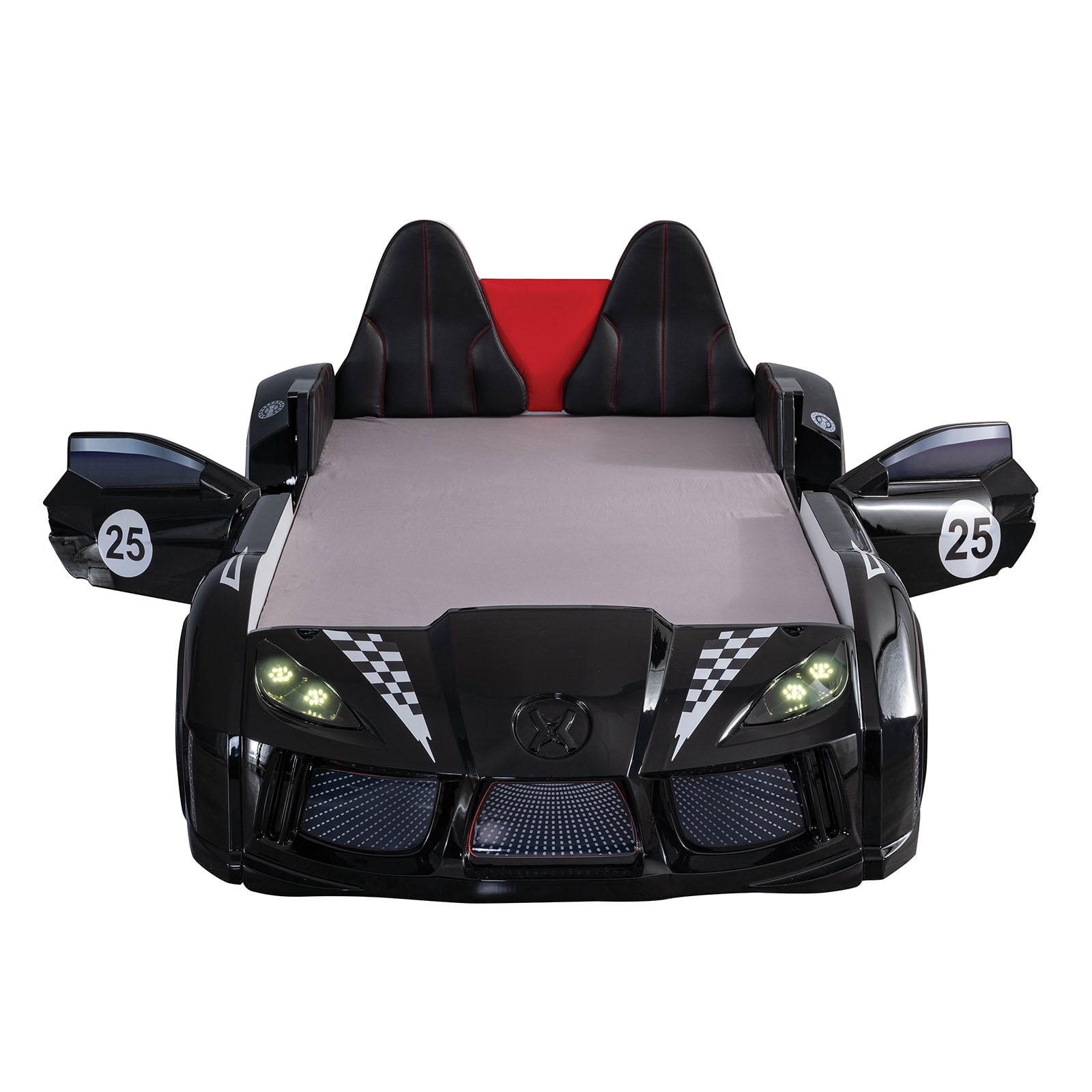 Modern Novelty Style Twin Size Bed Race Car Design Attached Two Magnetic Doors With LED Lights On Wheels And Bottom Upholstery HB Black Finish