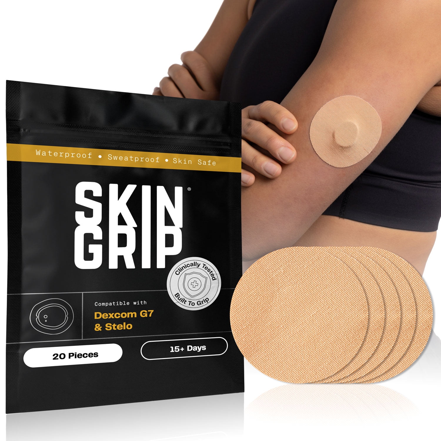 Skin Grip Dexcom G7 & Stelo Patches - 20 Pack, Waterproof CGM Glucose Monitor Adhesive Covers, Durable Long-Lasting Sensor Patches - Tan