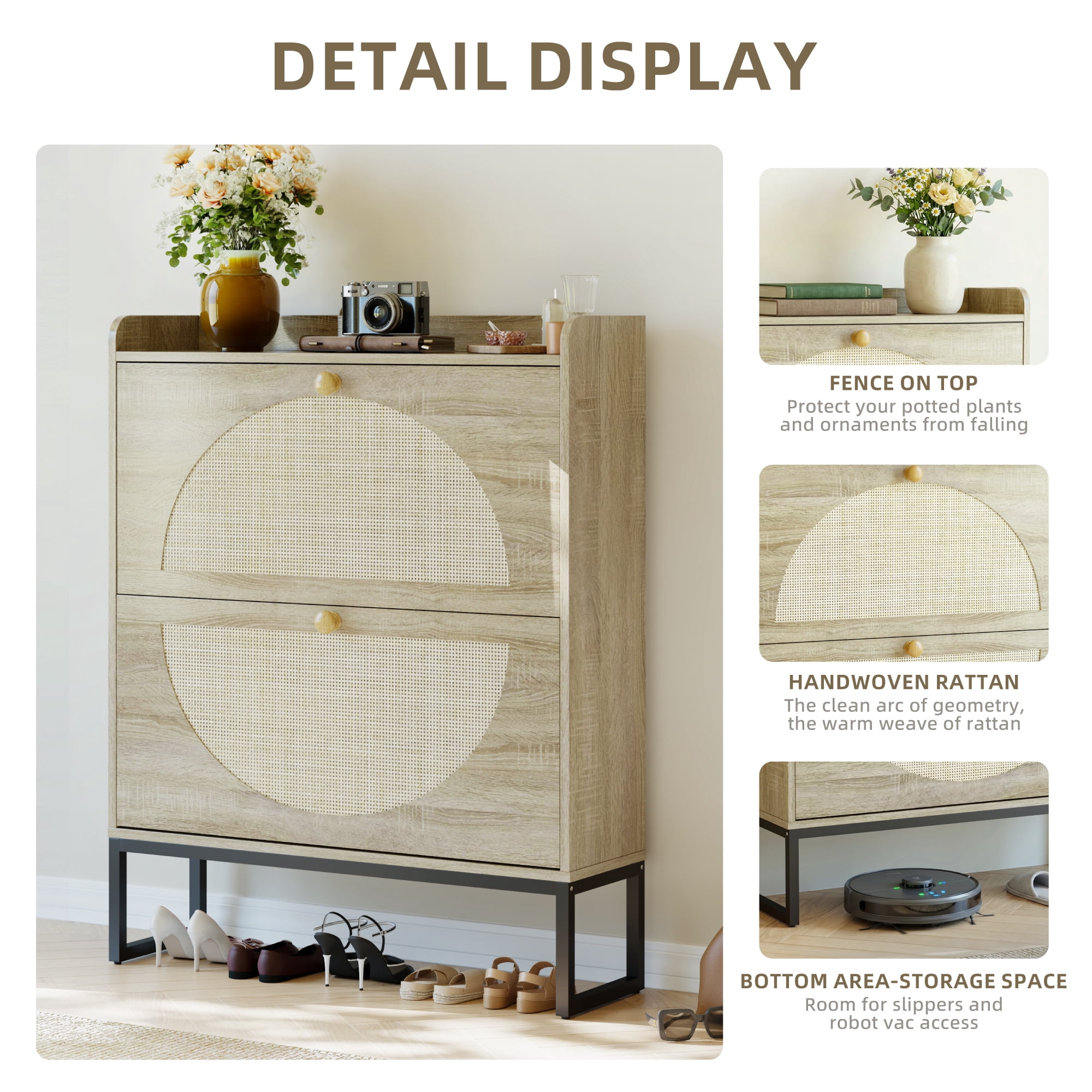Furnibear Shoe Cabinet with Rattan Doors for Entryway Shoe Storage, Natural Wood