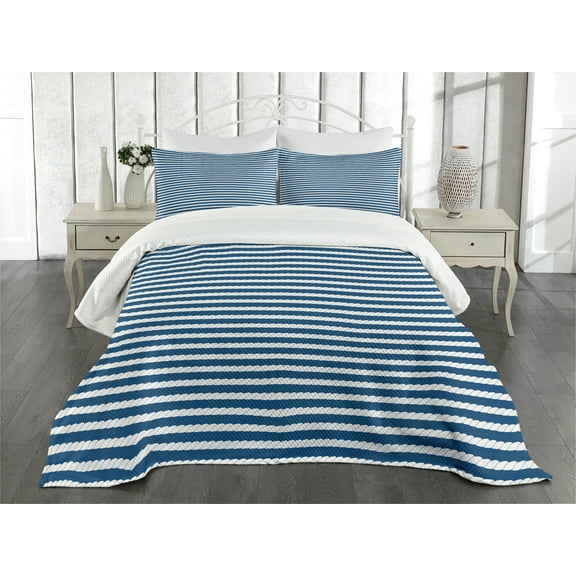 Ambesonne Navy Quilted Bedspread Set 3 Pcs, Stripes Pattern, King Size, Blue and White
