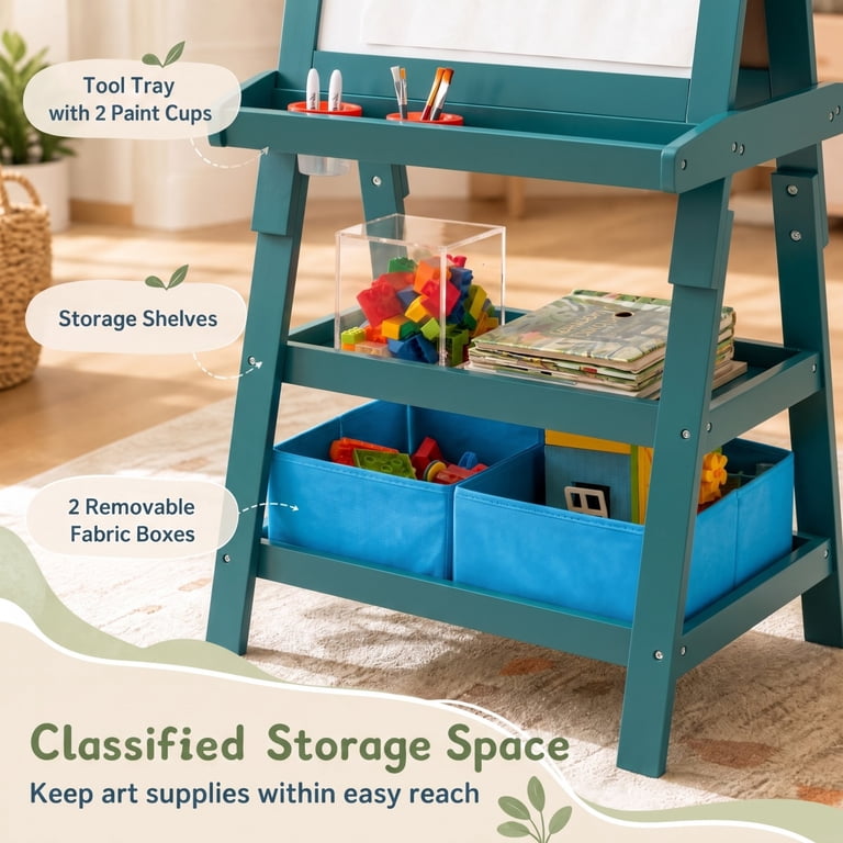 Costway 3-in-1 Double-Sided Wooden Kids Art Easel, Blue photo 7