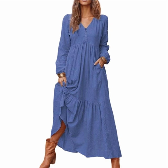 Vestido Maxi Bohemio de Algodón para Mujer, con Escote en V, Larga, Fluido, para Playa, con Bolsillos y Botones Azul Oscuro S