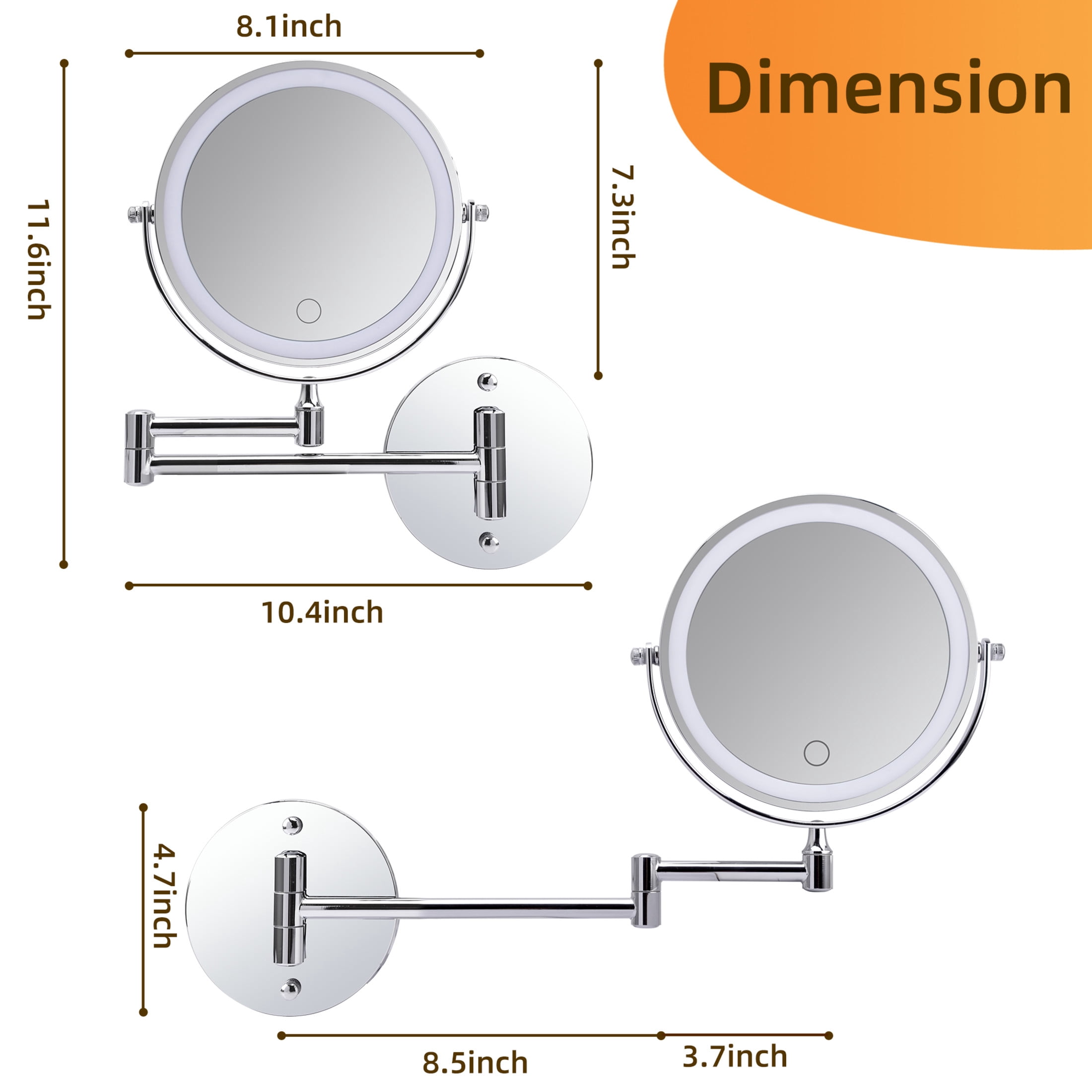 Noble House 10.4" Rechargeable Wall Mounted LED Makeup Mirror, Brushed Double-Sided Rotation Vanity Mirror, Chrome