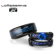 His and Hers Wedding Ring Sets Couples Rings Black Gold Plated Round Blue Cz Stainless steel band