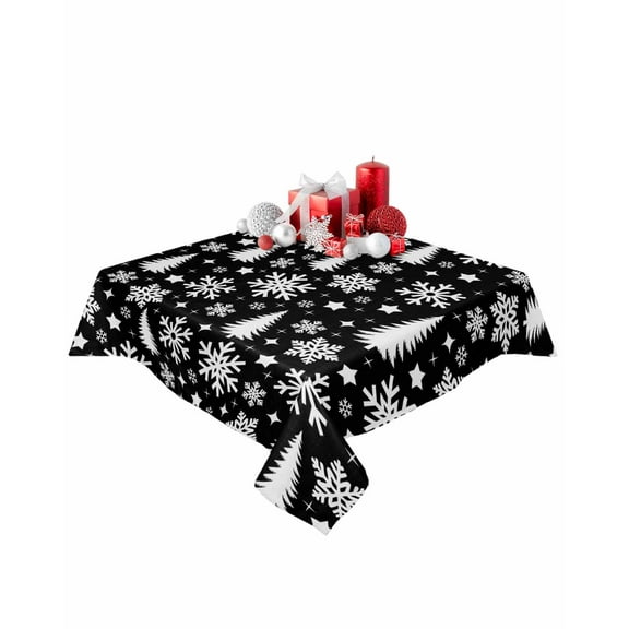Square Tablecloth 54 x 54 Inches Christmas Trees Snowflakes Black Waterproof & Stain Resistance Table Cloth Decorative Fabric Table Cover for Dinning/Party/Buffet/Banquet