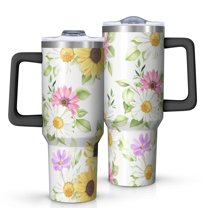Sunflower 40oz Tumbler with Handle and Straw, Large Capacity Travel Cup for Hot & Cold Drinks, Double Walled Vacuum Insulated Cup, Butterfly Lover Birthday Gifts for Women Girls, Spring