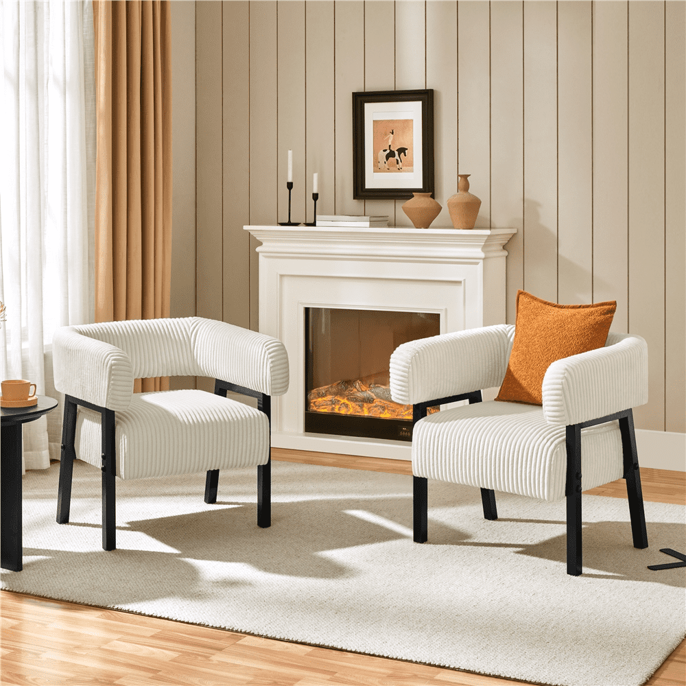 Renwick Corduroy Accent Chair with Solid Wood Legs for Living Room, Beige