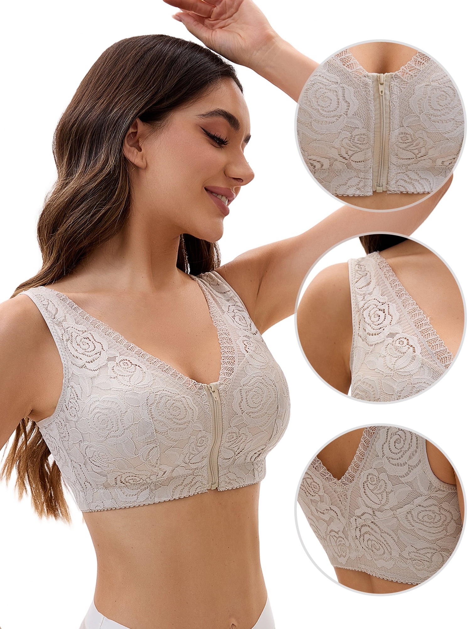 Unique Bargains Women's Lace Zip Front Closure Wirefree Wide Straps Bras D 48 Green