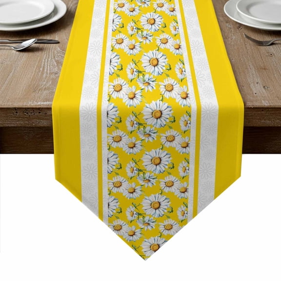 Yellow Daisy Table Runner Linen Burlap Table Runner 72 Inches Long Farmhouse Floral Yellow Striped Dresser Scarves for Kitchen Island Coffee Dining Room Party Wedding Holiday Decoration 18"x72"