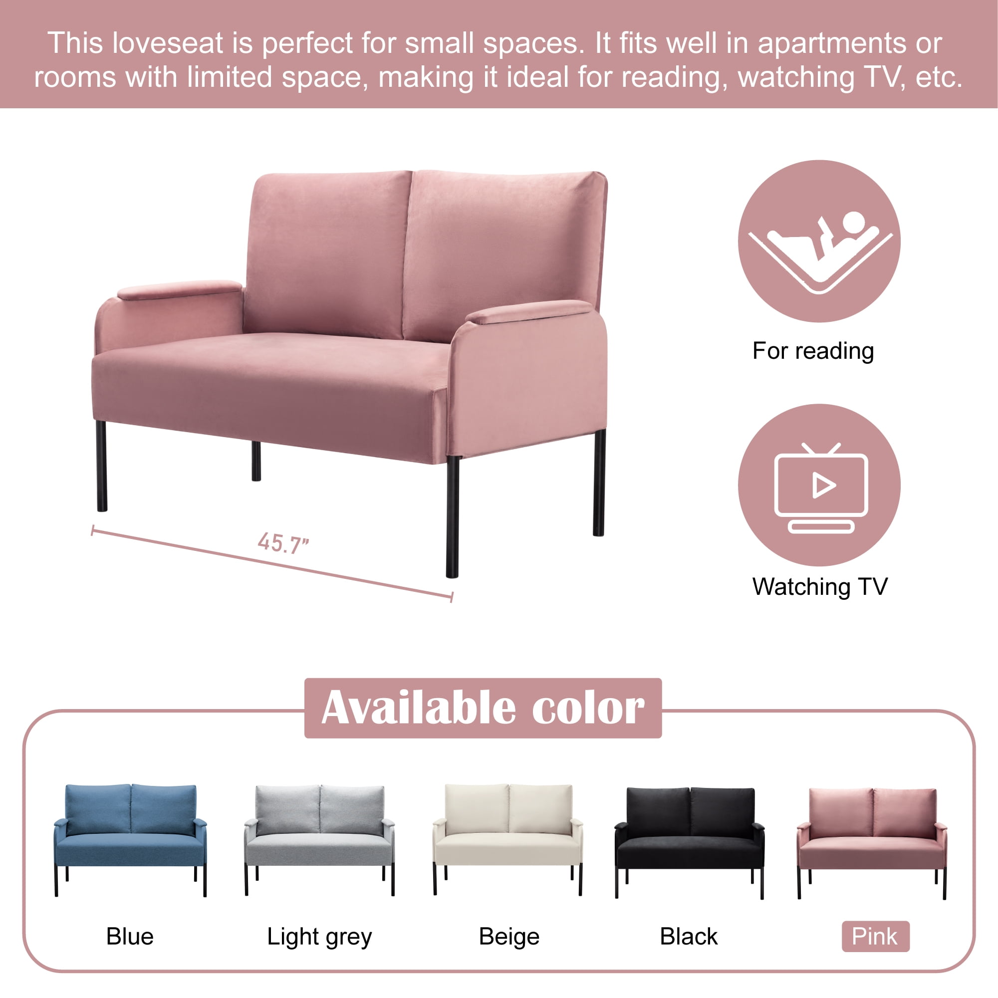 Gewnee 45.7”Loveseat Couch for Small Spaces,Mid-Century Modern 2-Seater Sofa with Metal Frame & Black Legs,Removable Washable Back Cushion Cover,Easy Assembly.Pink