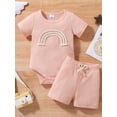 thumbnail image 2 of Seyurigaoka 2 Pcs Baby Girls Boys Sweet Romper Suits, Rainbow Stripes Pattern Waffle Short Sleeve Jumpsuit + Elastic Waist Shorts, 2 of 9