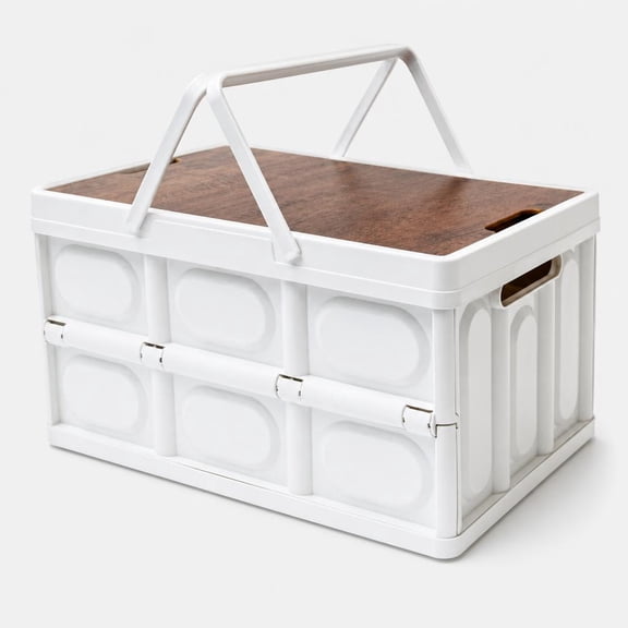 Collapsible Storage Bin 30L Folding Crate with Wood Lid and Handles for Camping and Car Trunk, White