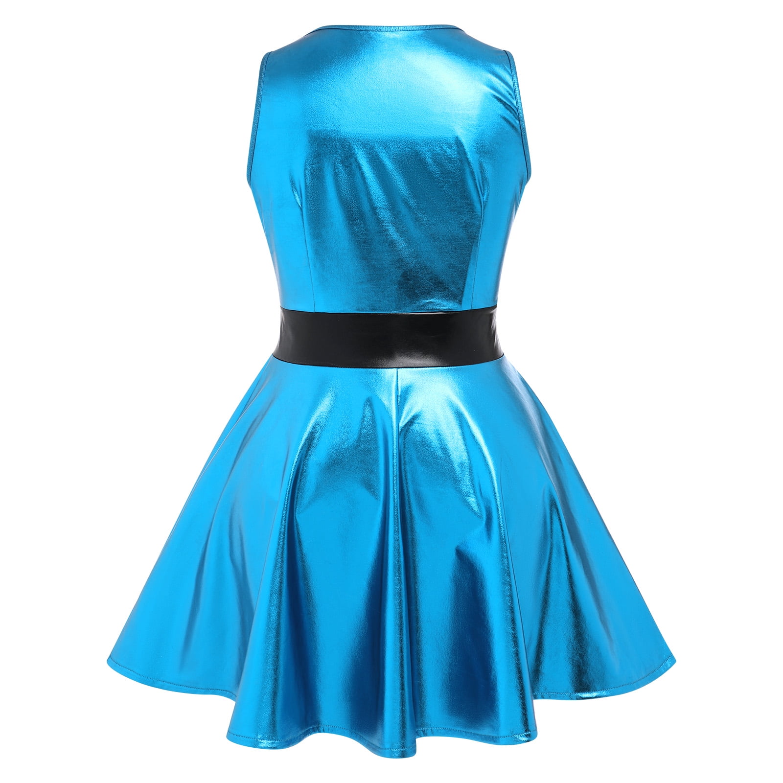 IBTOM CASTLE Women's Shiny Metallic Dress Sexy Sleeveless Mini Skater Dress Holographic Party Rave Dance Clubwear Anime Cosplay Halloween Clothes L Blue