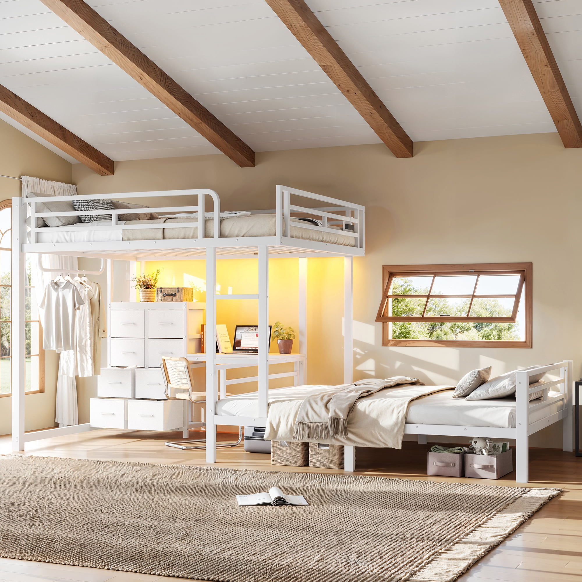 HOQBN Bunk Bed Full over Full with 8 Storage Drawers and Desk,Storage Shelves,Garment Hanging Roddetachable Hanging USB,White