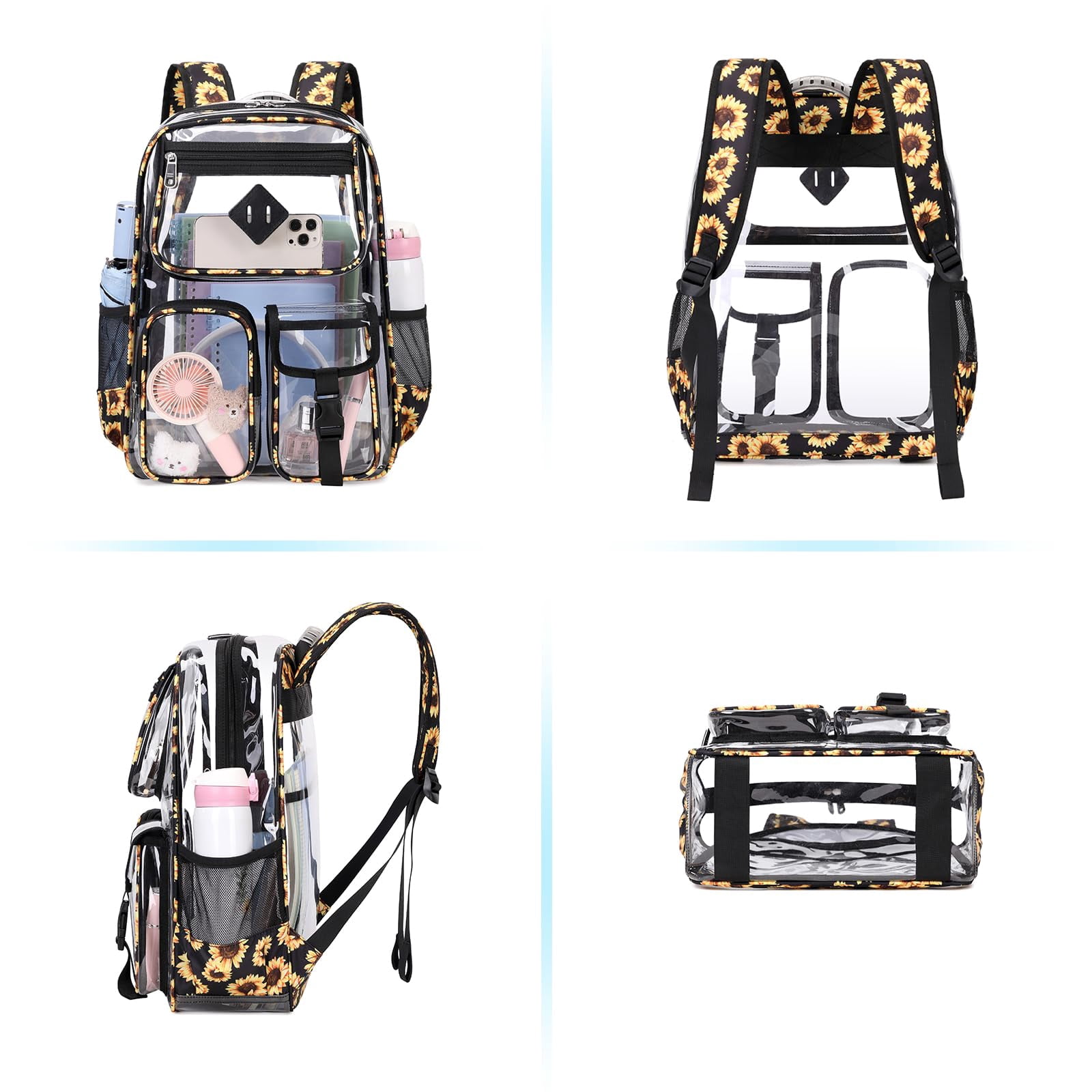 Sanmadrola Large Clear Backpack Heavy Duty Stadium Approved See Through Backpack Waterproof PVC Transparent Backpacks Clear Book Bag with Reinforced Strap for School Work Travel, Black Daisy