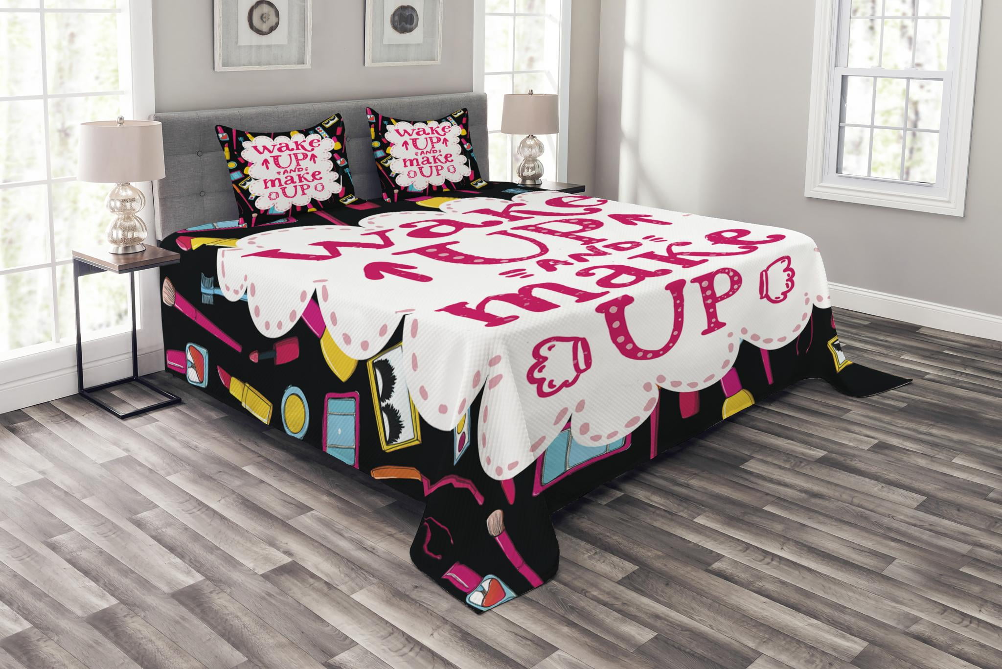 Quote Bedspread Set, Witty Saying Wake Up Make Up with Cosmetic Icons Lipstick Mascara and Nail Polish, Decorative Quilted Coverlet Set with Pillow
