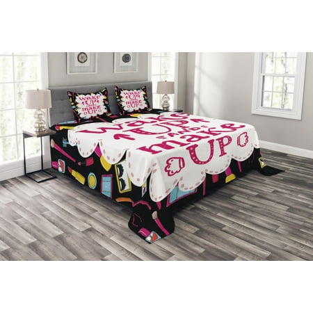 Quote Bedspread Set Witty Saying Wake Up Make Up With Cosmetic