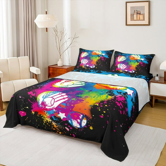 Manfei American Baseball Child Twin Sheet Sets, Fuchsia Watercolor Twin Fitted Sheet, Ball Game Player Flat Sheet, Microfiber Bedroom Decor, 3 Pieces