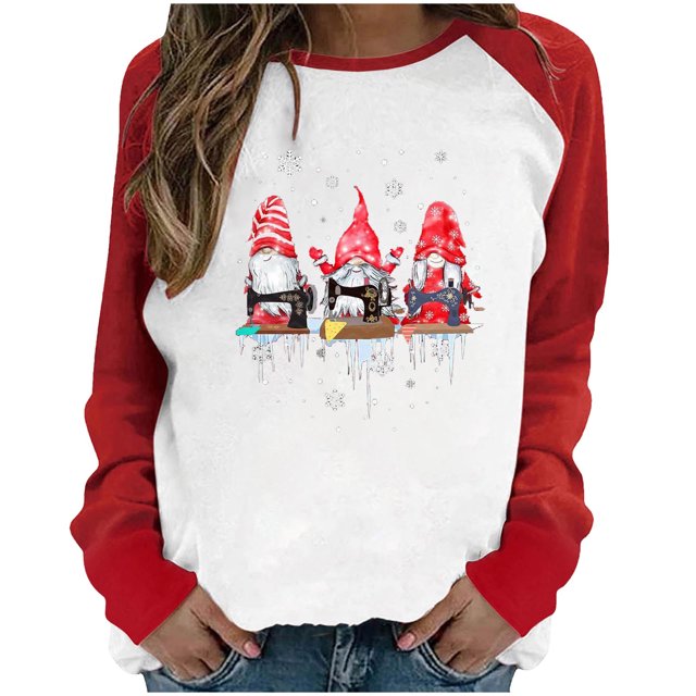 RKSTN Chandail en Molleton de Noël pour Femmes, Col Rond, Imprimé Père Noël, Manches Longues, Confortable, Blouse Régulière