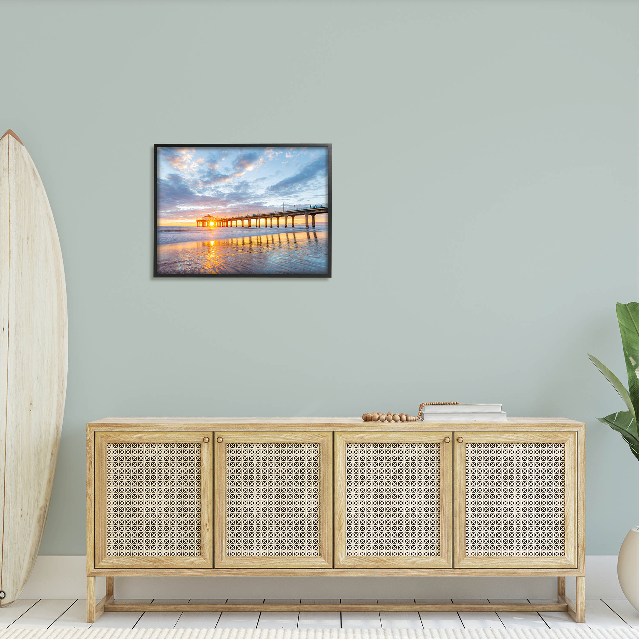 Ocean Pier Sunrise Reflection Coastal Photograph Black Framed Art Print Wall Art