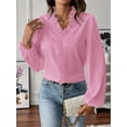 thumbnail image 4 of Women Business Casual Ruffle Long Sleeve Tops V Neck Shirts Work Solid Clothes Pink XL, 4 of 6