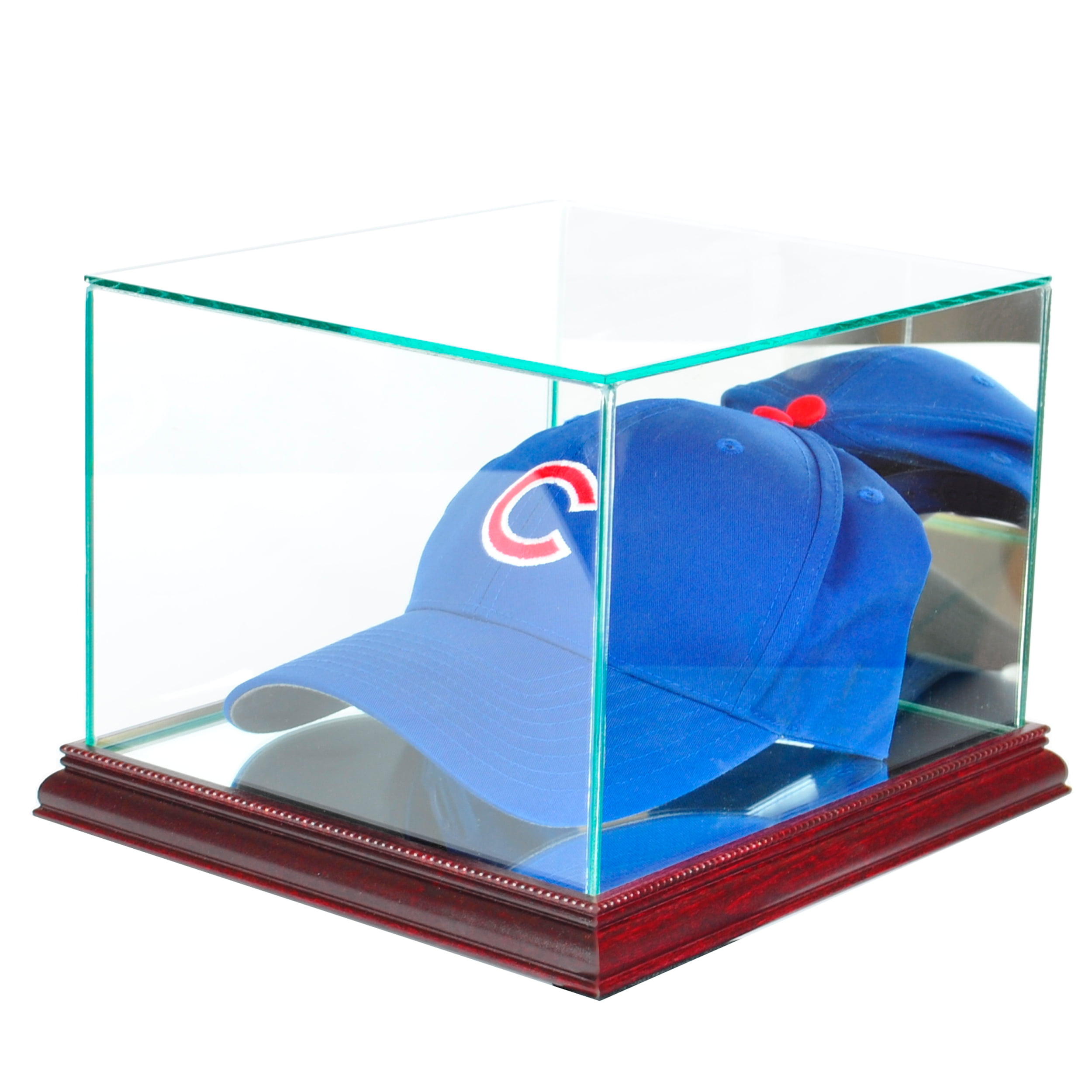 NEW GLASS CAP HAT DISPLAY CASE WITH UV PROTECTION BLACK WOOD AND MIRROR BACK 