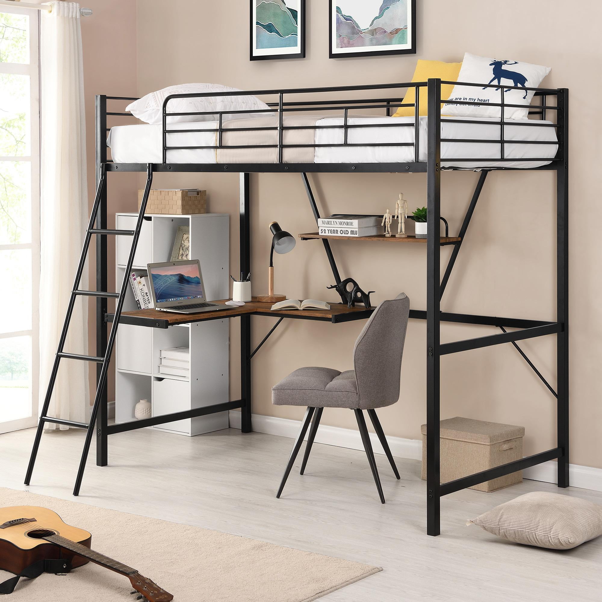 Twin Size Loft Bed with Desk and Ladder, Metal Bed Frame for Kids Teens