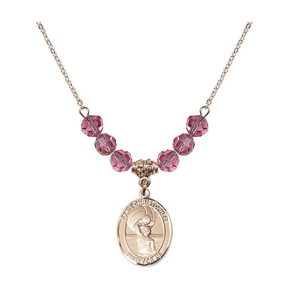 18-Inch Hamilton Gold Plated Necklace w/ 6mm Rose Pink October Birth Month Stone Beads & Saint Christopher/Water Polo-Men