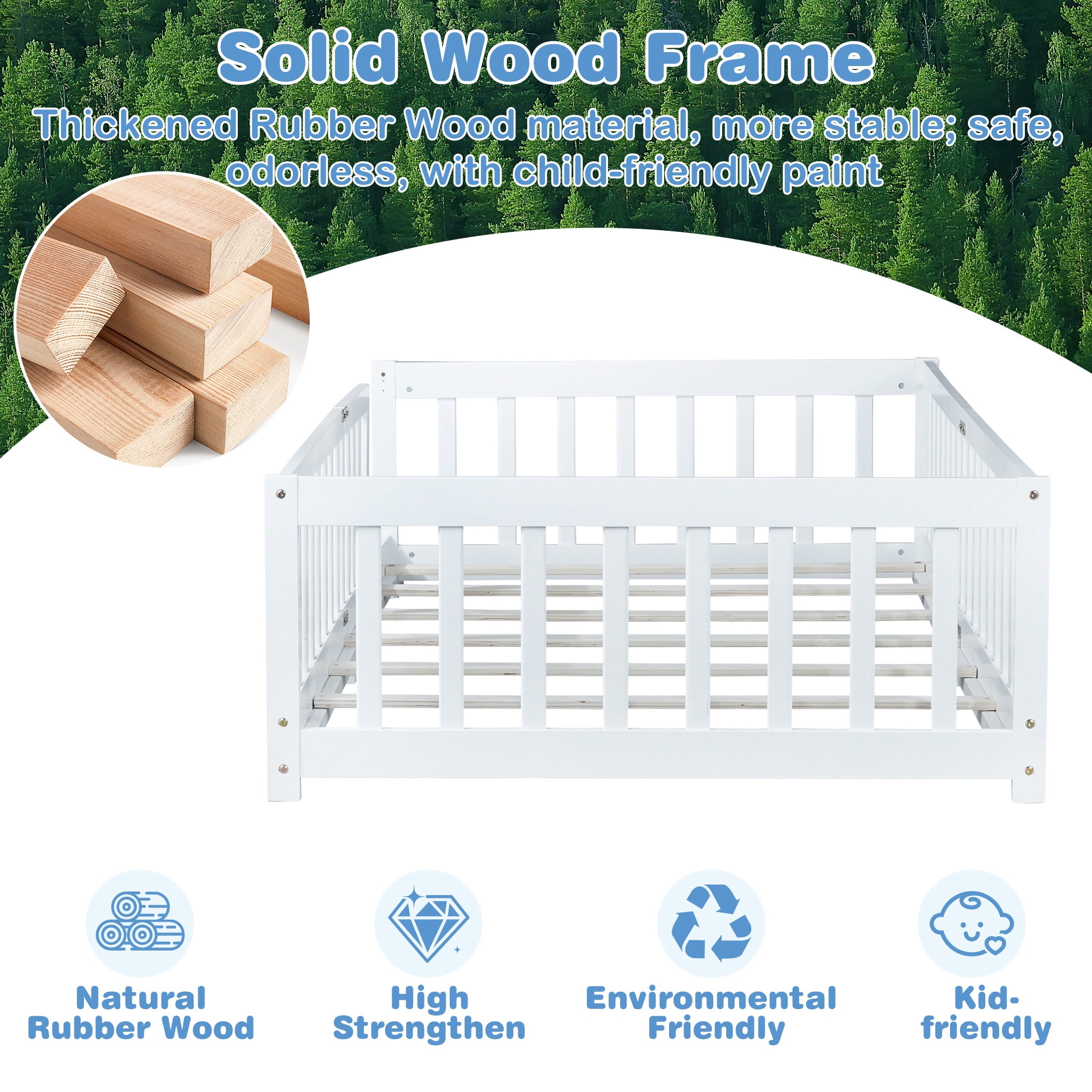 PORKISS Twin Toddler Bed with Guardrails, Low Profile Floor Bed Frame with Open Entry, Wood Montessori Bed with 7 Slats for Kids, No Box Spring Needed, White