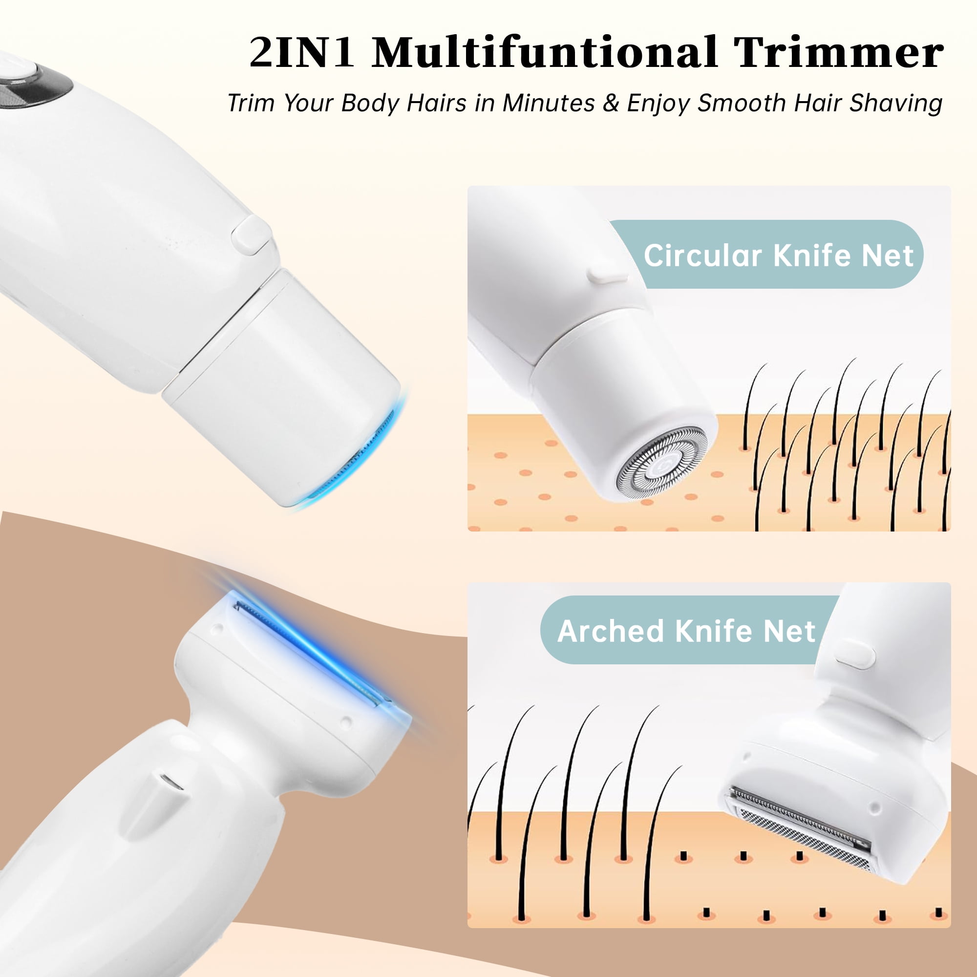 Women Electric Razor, 2 in 1 Electric Shaver for Women, LED Light, Digital Display, Low Noise, Wet Dry Use for Bikini Hair Removal Underarm Public Hairs Legs, White
