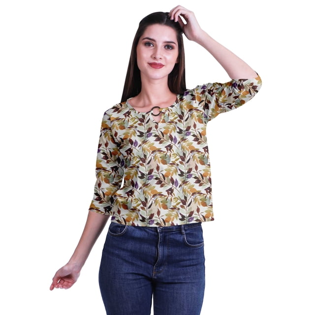 Moomaya Printed Keyhole Neck Ring Top Casual 3/4th Sleeve Tees Tank Tunic Top