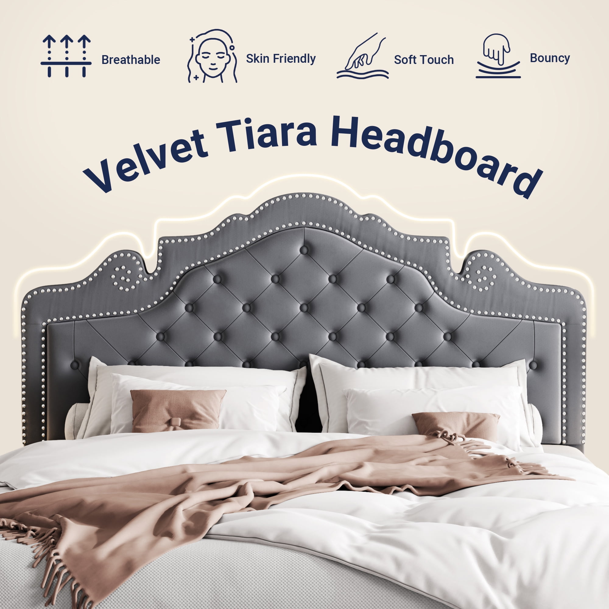 Allewie Full Bed Frame, Velvet Tiara Upholstered Diamond Button Tufted Headboard, No Box Spring Needed, Gray