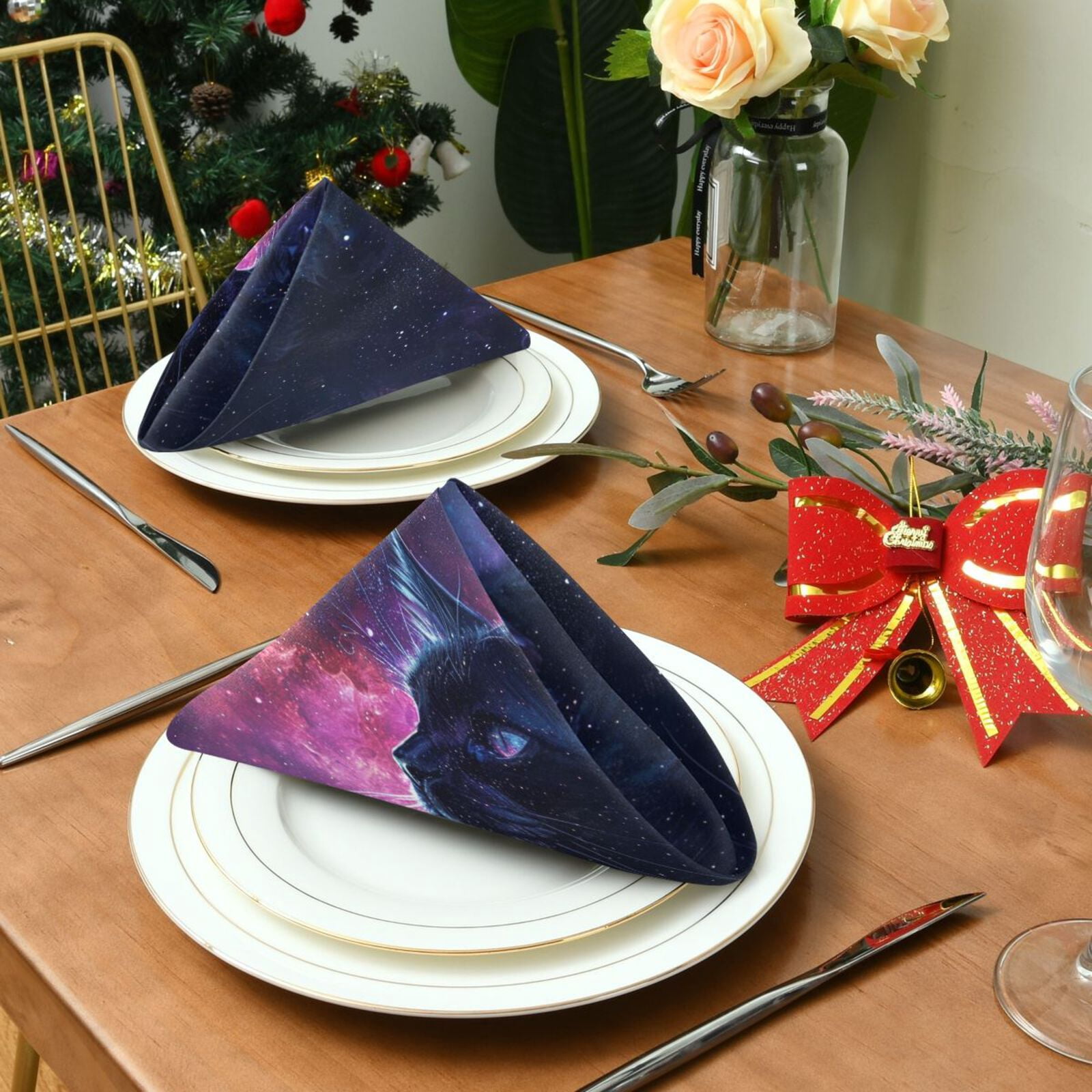 JSTEL Black Cat Galaxy Cloth Napkins Set of 6, 20x20 Inch Washable and Reusable Napkin for Decoupage Dinner Party Everyday Use