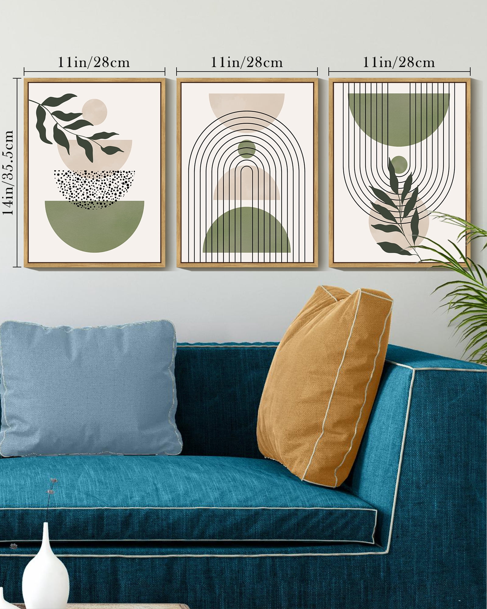 SHENIFY Green Botanical Boho Wall Art Modern Sage Bohemian Wall Decor Abstract Geometry Lines Prints Ready to Hang 11x14in3pcs Natural Framed