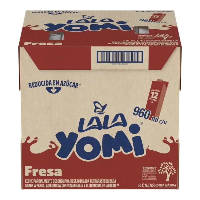 Lala Yomi Fresa, Parcialmente Descremada Deslactosada, Ultrapasteurizada y Reducida en azúcar. Contenido 1 paquete con 12 piezas de 960ml