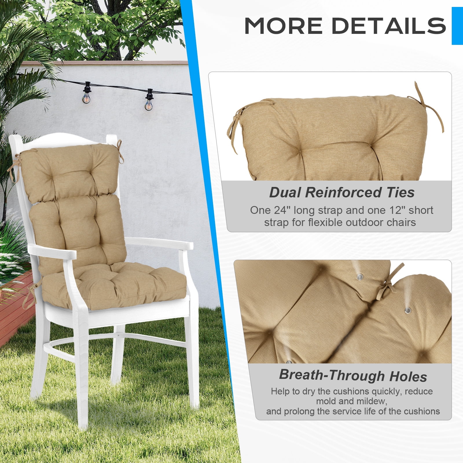 Aoodor Outdoor 45"x 22" x5" Tufted High Back Cushions Patio Replacement Chair Cushion with Ties, Water and Fade Resistant for All Weather (Brown, Set of 2）