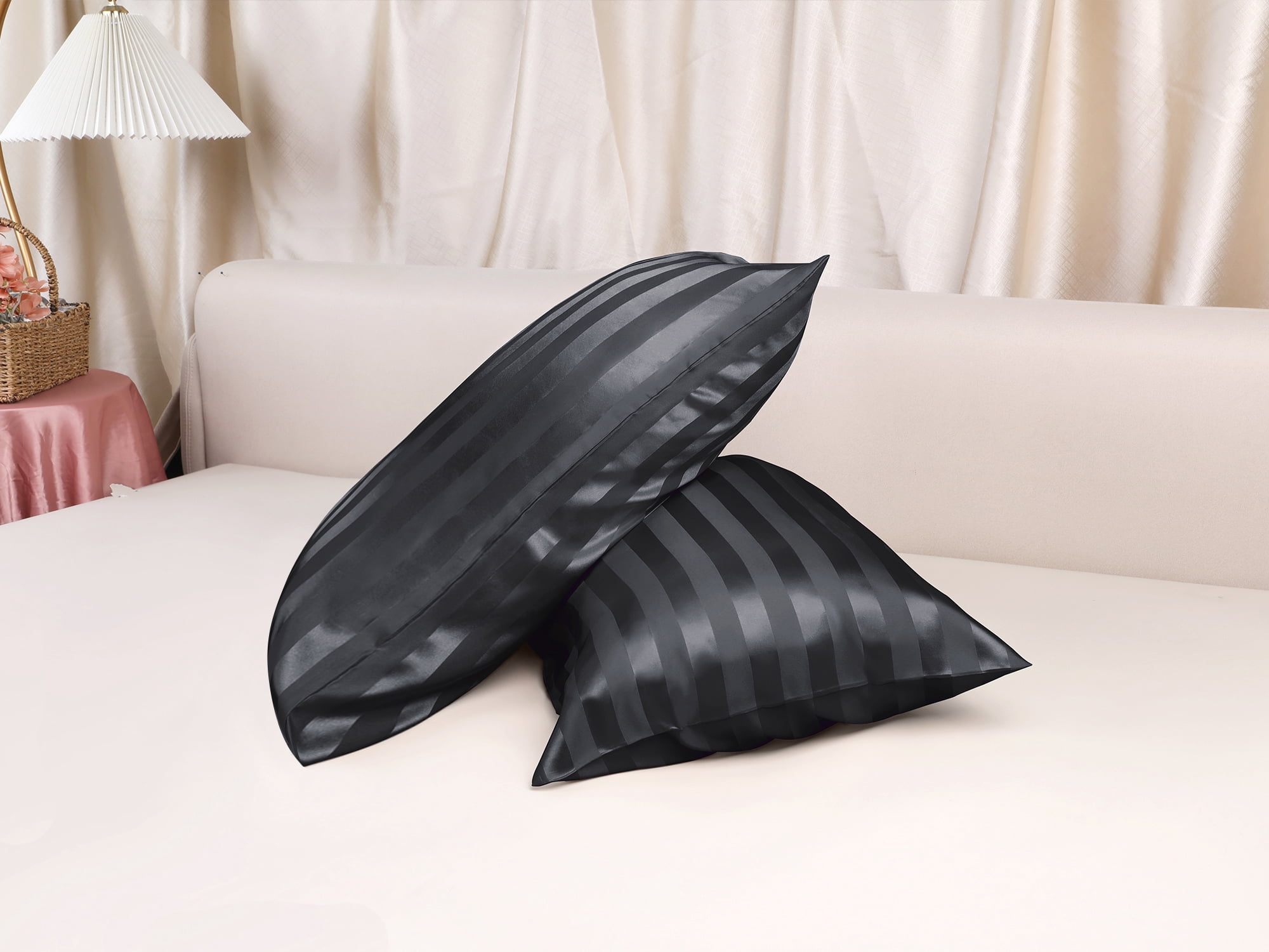 Unique Bargains Satin Pillow Cases Set of 2 Pillow Covers Queen Black