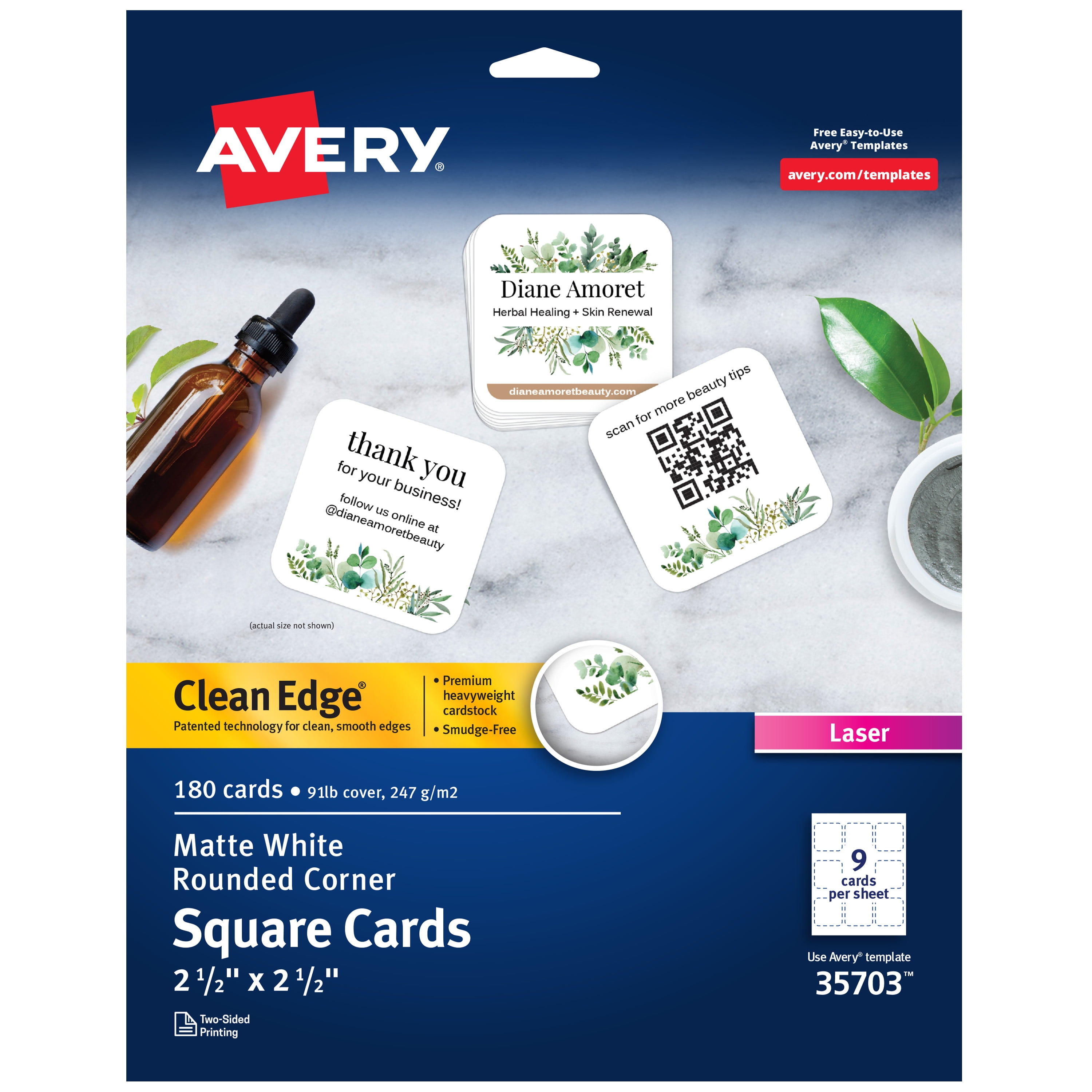 Avery Clean Edge Printable Square Cards, Rounded Corners, 2.5' x 2.5', White, 180 Blank Cards for Laser Printers (35703)