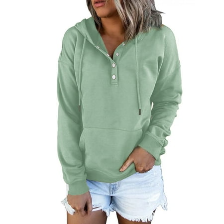 moshu half boutton womens hoodies drawstring hooded sweatshirts for woman with pocket (color brown )